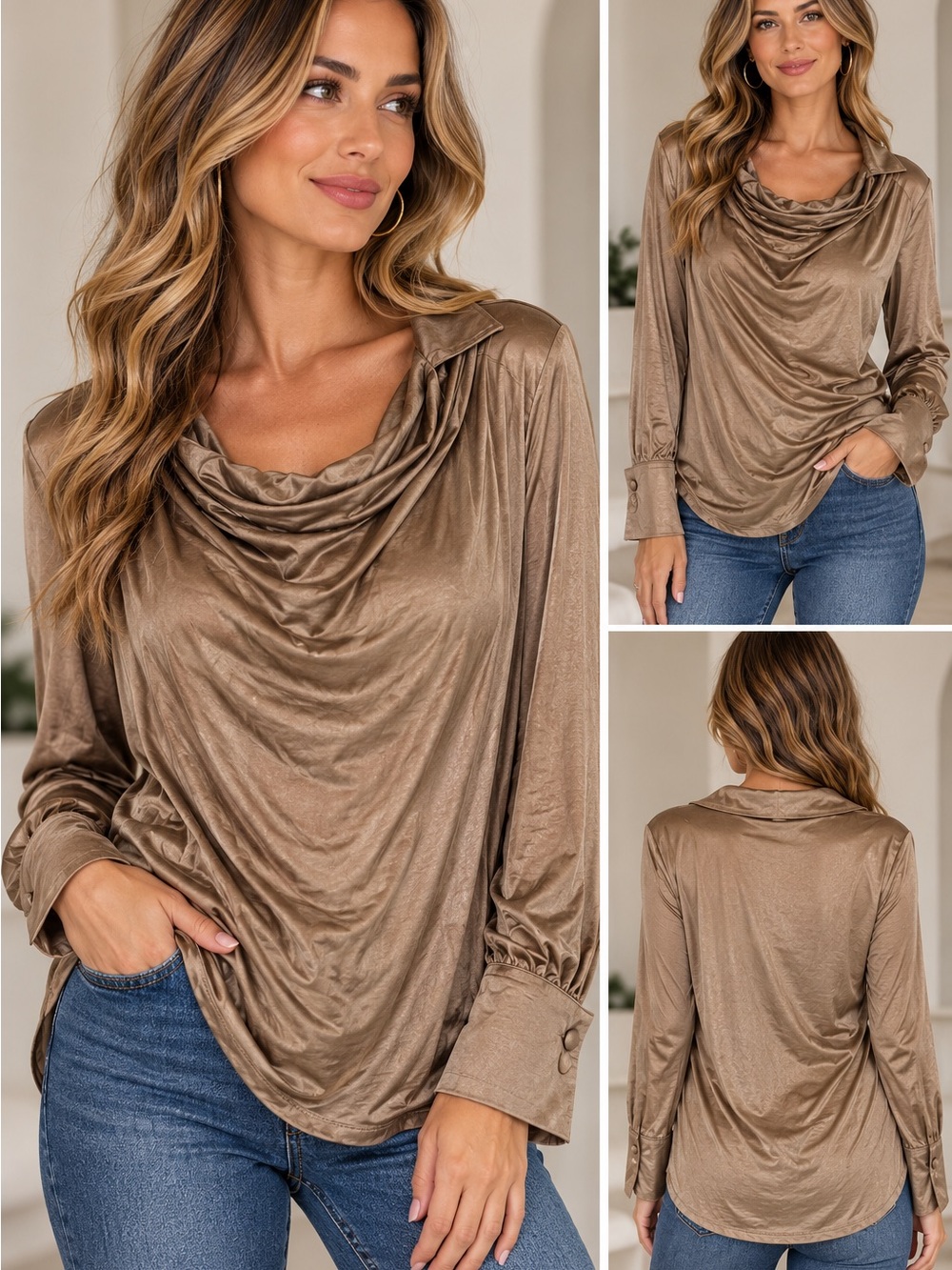 Anthropologie Shimmery Taupe Cowl Neck Long Sleeve Blouse